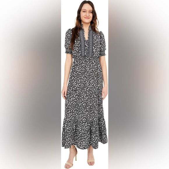 NWT London Times Chalk Ditsy Printed Crepe Smock Sleeve Midi women’s size 14p - Picture 1 of 10